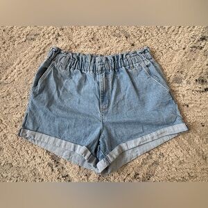 Garage Blue Denim Elastic Waist Shorts High Rise Rolled Hem